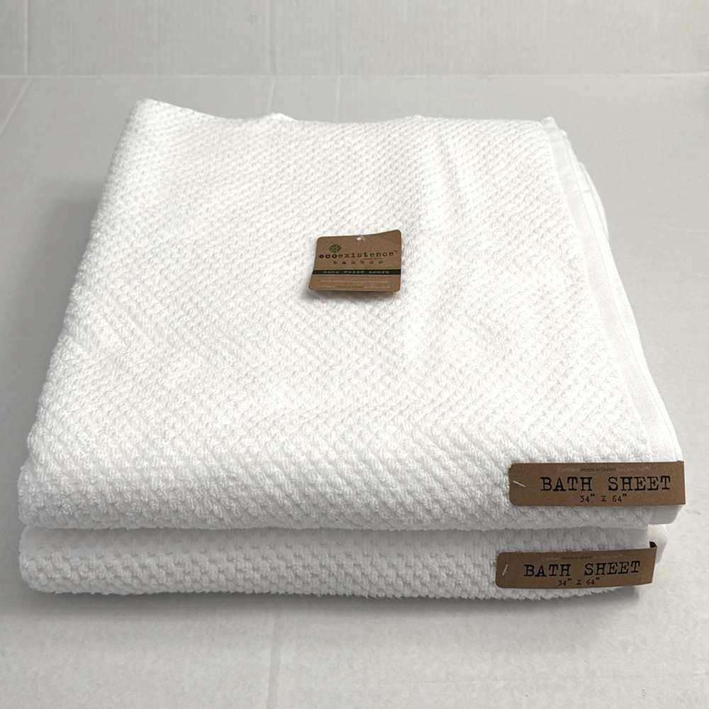 2pc ECOEXISTENCE Bamboo  Zero Twist Loops Bath Sheet Towel Set - White